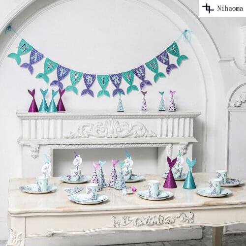 Deep sea Mermaid theme flag pulling cake card inserting paper tray candy box birthday party supplies set