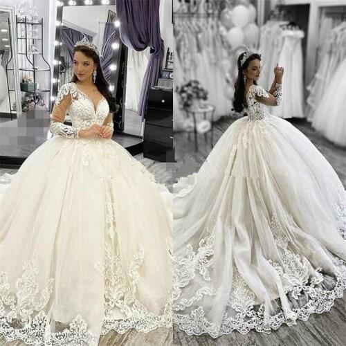 Cinderella Lace Long Sleeve Wedding Dresses Ball Gown Applique long Train Fluffy Princess V NeckCastle Wedding Gown 2021