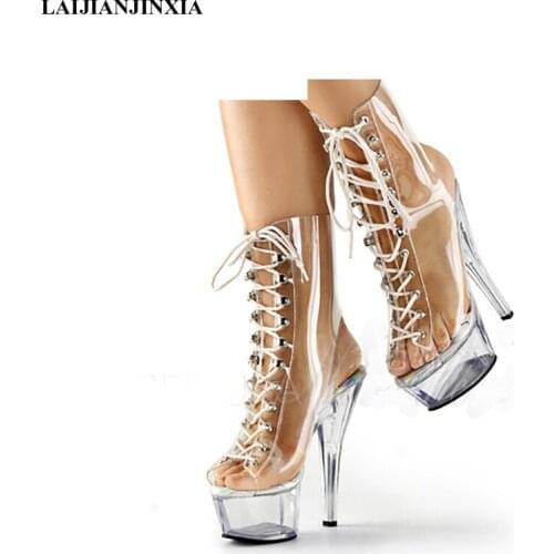 LAIJIANJINXIA New 15 cm Heels Lace-up Women Boots Sexy Ankle Boots Transparent Party Model Pole Dancing Shoes Dance Boots