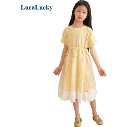LucaLucky Teenage Girls Plaid Dress Kids Clothing Children Lace Patchwork Knee Length Cute Priness Dresses Summer 2021 Clothes