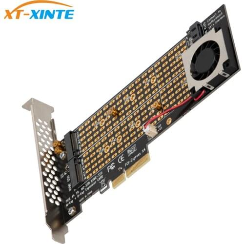 M.2 for NVMe SSD for NGFF with SATA Cable TO PCIE3.0 X4 4X Adapter M Key B KEY Dual Port Card PCI-E3.0 with Fan Cooler