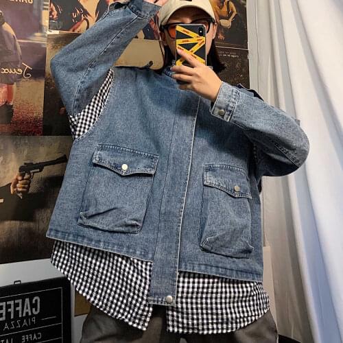 2019 Mens Cowboy Clothes Split Joint Outerwear Streetwear Bomber Denim Jacket Loose Coat Blue/black Color Windbreaker Size M-XL