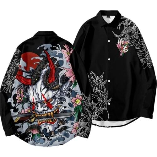 2021 Men Hip Hop Black Print Shirts Clothing Long Sleeve Retro Button Shirt Stand Collar Loose Tops Plus Size 6XL