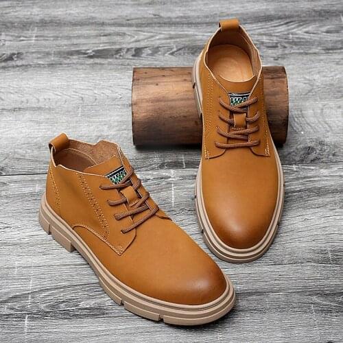 Mens Spring Autumn Casual Shoes Leather Thick Soled Round Head Mid Top Lace Up Outdoor Mountaineering Shoes Tooling Shoes