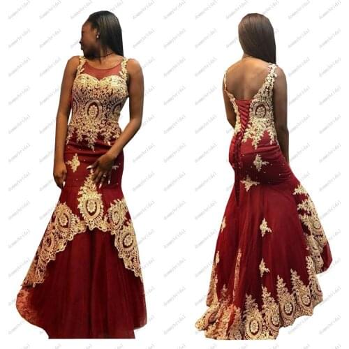 Amazing Gold Lace Burgundy Tulle Sheer Neck Mermaid Prom Pageant Dresses Corset Back Wedding Party Guest Gowns 2021 Cheap Long