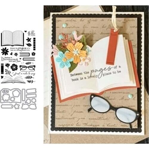 Book Reading Glasses Flowers Metal Cutting Dies and Clear Stamps Scrapbooking Craft Stencil Seal Sheet Decor Embossing Template