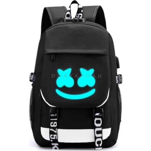 USB DJ Marshmello Charge luminous unisex schoolbag For teenage teenagers backpack to school bags Student book bag for boys girls