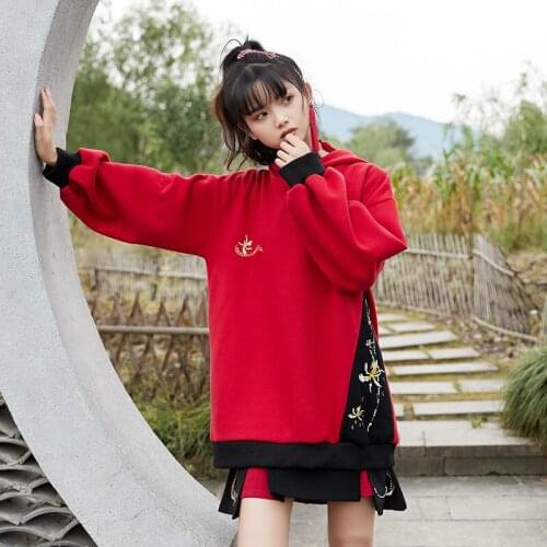 2020 Winter Women Long Hooded Sweatshirt Sweet Style Fleece Red Hoodies Harajuku Floral Embroidery Oversize Kawaii Cute Top