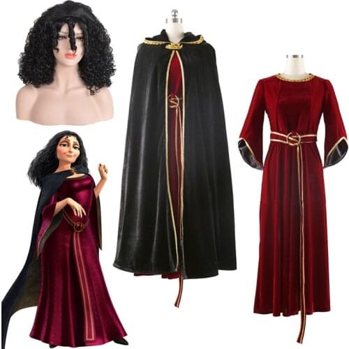 High Quality Full sets Halloween Movie Rapunzel Mother Gothel Cosplay Costum handsel Black Curly Wig