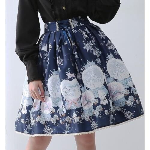 Snowing World ~ Sweet Mori Girl Skirt Printed Navy Blue Short Skirt