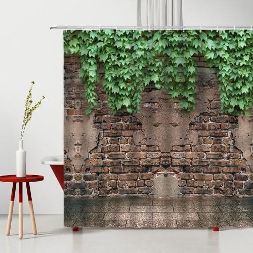 Green Vine Plant Shower Curtain Leaves Shabby Chinese Style Brick Wall Photography Background Polyester Bathroom Decor Curtains