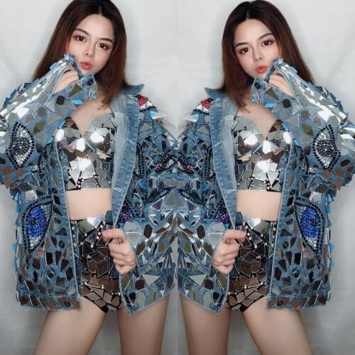 Mirror bikini dance costume Sparkly Mirror coat bar nightclub GOGO stage singer cowboy