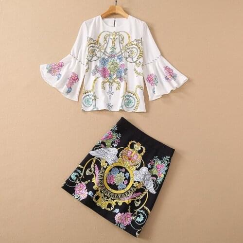 European and American womens wear for spring 2021 seven-point shirt with flared sleeves Vintage print skirt Fashion suits