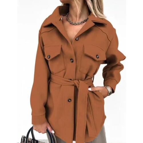 2021 women Woolen solid jacket Coat casual button pocket long sleeve solid autumn winter office lady Outerwear jackets fall tops