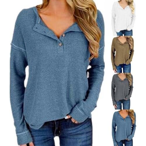 Women T-shirt Knitted V Neck Autumn Long Sleeve Buttons Top Streetwear French Style T Shirts Blue/ white/ dark gray/ army green