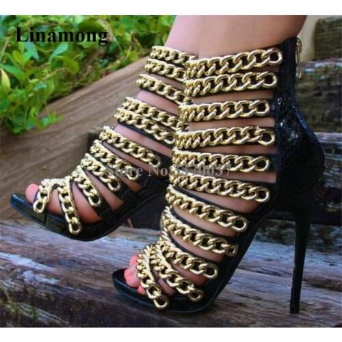 Ladies New Fashion Open Toe Gold Chain High Heel Sandals Straps Chain Design Back Zipper-up Sandals Dress Shoes Free Shipping