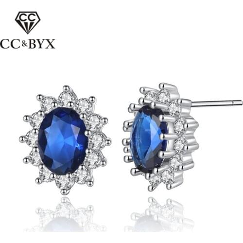 CC Stud Earrings For Women Cubic Zirconia Trendy Luxury Jewelry Oval Stone Blue/Red Bridal Wedding Engagement Brincos CCE1500
