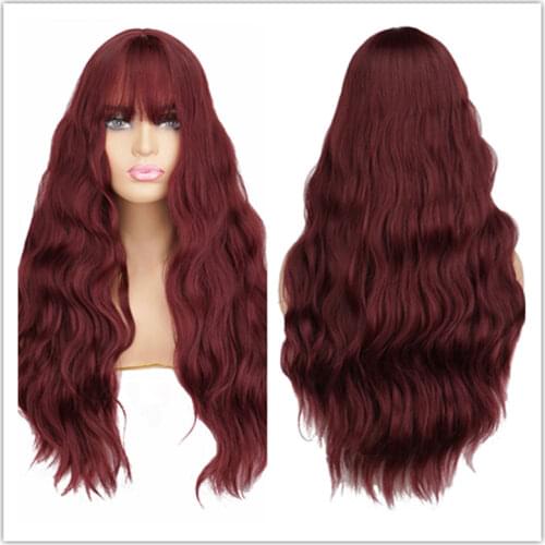 SuQ Womens Long Red Wig Hair Synthetic Natural Water Wave Cosplay Party Wine Red Heat Resistant Daily Fashion Wigs
