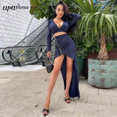 Free Shipping Sexy Deep V-neck Long Sleeve Halter Top & High Waist Button Slit and Floor Long Skirt 2-piece Banquet Women Set
