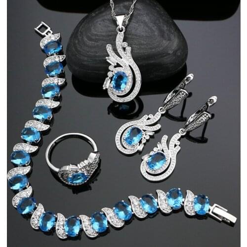 925 Silver Bridal Jewelry Sets For Women Wedding Sky Blue Cubic Zirconia Earrings Pendant Necklace Ring Bracelet Silver Kits