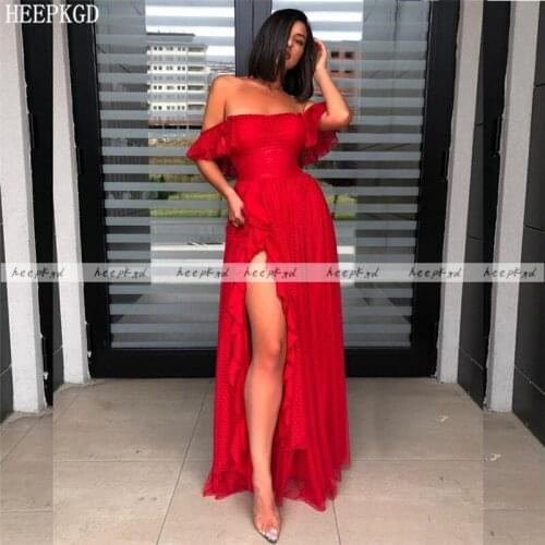Red Dot Tulle Long Formal Evening Dress With Slit Off The Shoulder A Line Plus Size Prom Gown Women Wedding Party Dresses Cheap