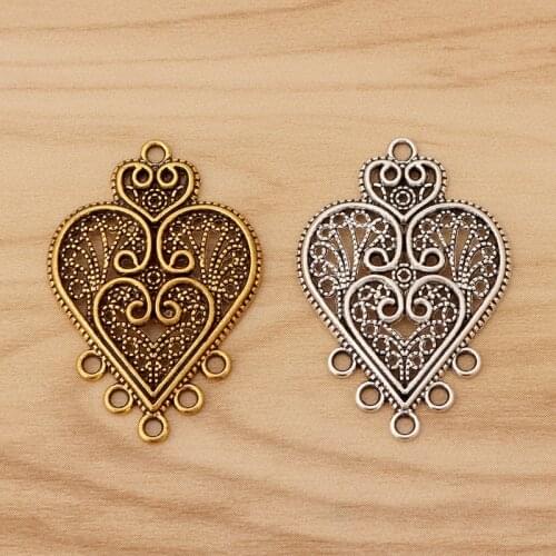 10 Pieces Tibetan Silver/Gold Filigree Heart Chandelier Connector Multi Strand Charms Pendants for Earring Jewellery Making
