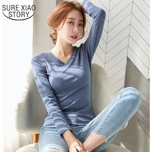 New Korean Fashion Solid Slim Cotton Blouses Women Casual V-neck Pullover White Shirt Women Long Sleeve Black Shirts Women 11552