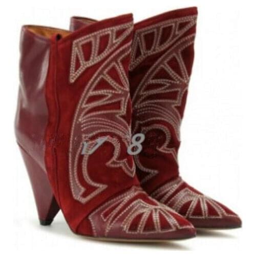 Embroidered pattern spike heels slip-on ankle boots pointed toe mixed colors knitting spring autumn woman short boots booties