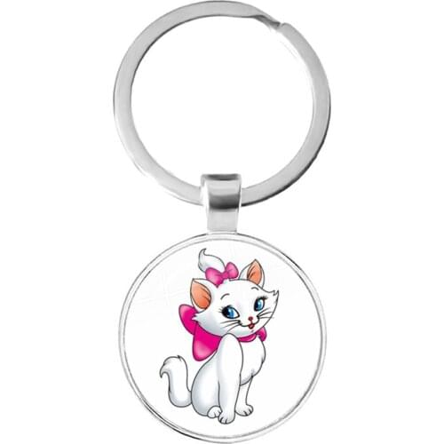 The Aristocats Glass Cabochon Keychain Cute Women Men Jewelry Marie Cat Anime Cartoon Fashion Keyring Holder For Women Men Gift