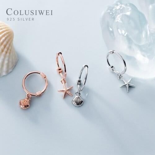 Colusiwei Authentic 925 Sterling Silver Starfish Shell Asymmetry Hoop Earring for Women Luxury Marine Life Earring Fine Jewelry