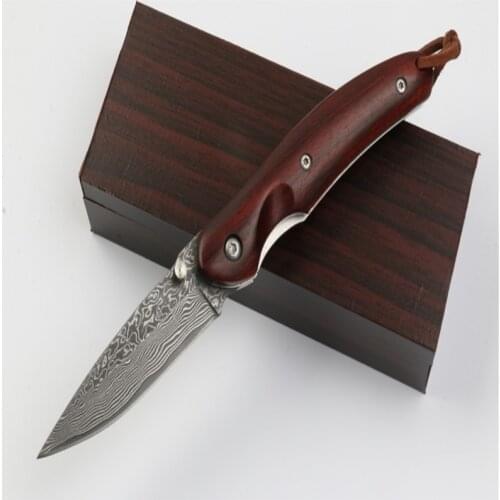 Damascus Little Cote Folding Knife VG10 Steel Blade Natural Particles Red Sandalwood Hnadle Hunt and CampTactical EDC TooL