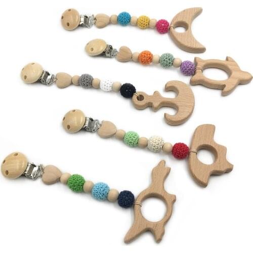 Baby Teether Pacifier Clip Wooden Animal Pendant Nature Wooden Teether Chewable Safe Holder Infant Gift Unisex Teething Clip Toy