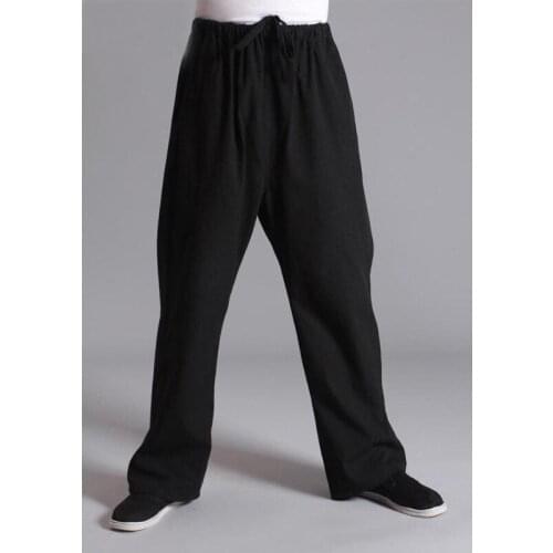 Long Trousers 100% Cotton Chinese Traditional Mens Kung Fu Pants Wu Shu Tai Chi Elastic Waist Loose black pants new