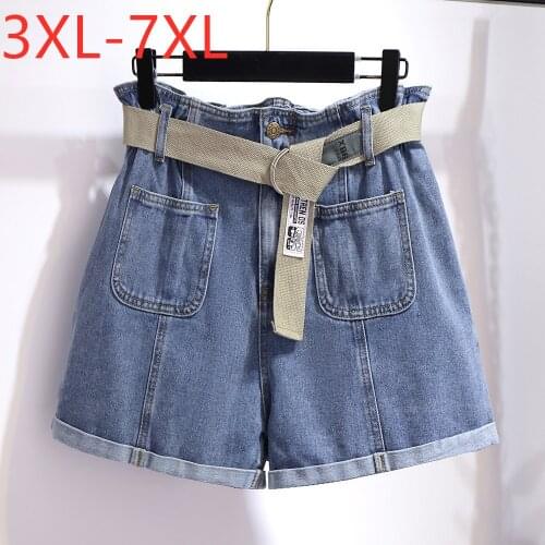 New 2021 summer plus size denim shorts for women large loose casual wide leg belt pocket jeans shorts blue 3XL 4XL 5XL 6XL 7XL