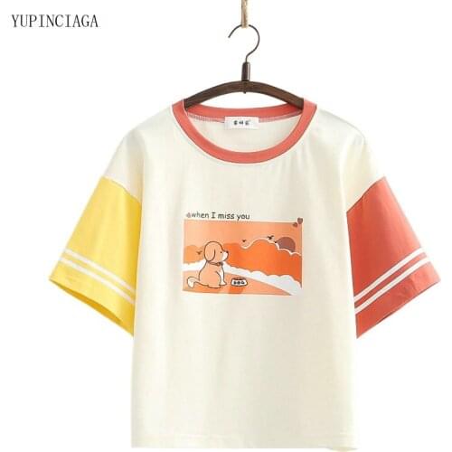 Mori Girl Style Cartoon Sunset Puppy Print 2021 Summer Women Harajuku Half Sleeve Patchwork Cotton Short Sleeve T shirt 2115573