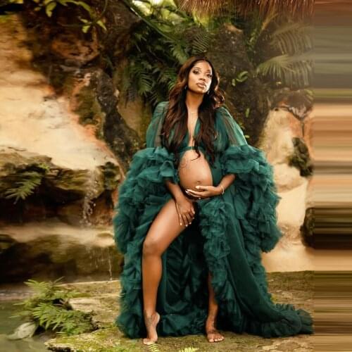 Classic Green Ruffles Tulle Open Front Maternity Dress Photo-shoot Sexy See Thry Full Flare Sleeves Pregnancy Gowns Party Gown
