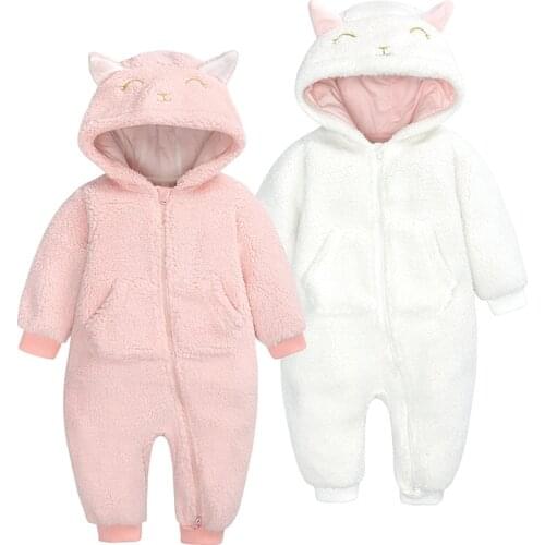 Newborn Rompers Baby Girl Jumpsuit Infant Polar Fleece Hoodies Long Romper New Autumn Winter Toddler Kids Zipper Cartoon Clothes
