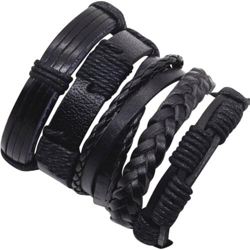 Black 5pcs/set Combination Wrap Fashion Alloy Vintage Bangle Genuine Leather Bracelets Men Women Jewelry Accessories