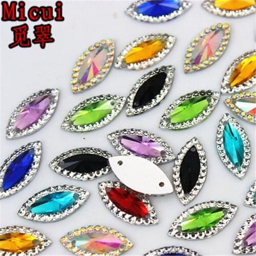 Micui 100pcs 7*15mm Dual color Horse eye Resin Rhinestone Crystal Flat Back Beads Sew On For Wedding Decoration MC535