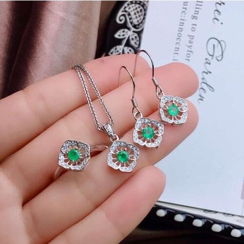 Real Natural Emerald jewelry set Natural Real Emerald 925 sterling silver 1pc pendant,1pc ring,2pcs Earring