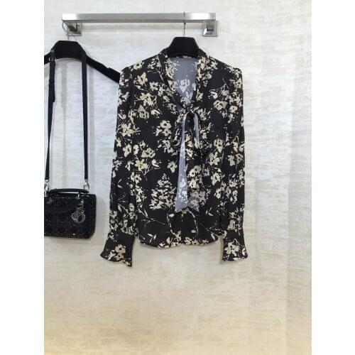 New Ladies Fashion 2021 Long Sleeve Sexy Casual Bow Silk Printed Shirt 1202