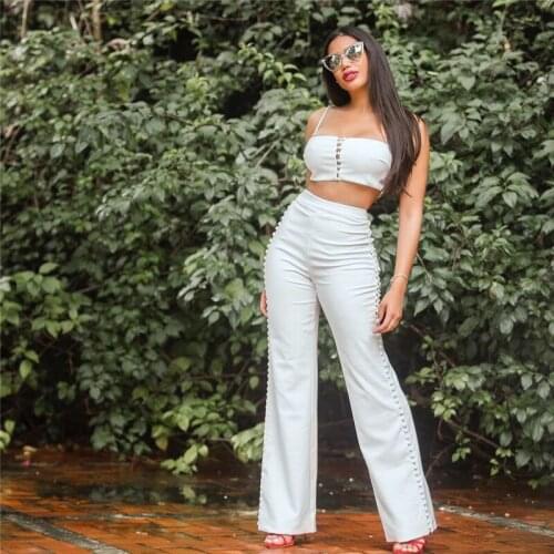 New Arrival White Strap Tops With Pants 2 Pieces Button Luxury Women Sets Celebrity Clothes