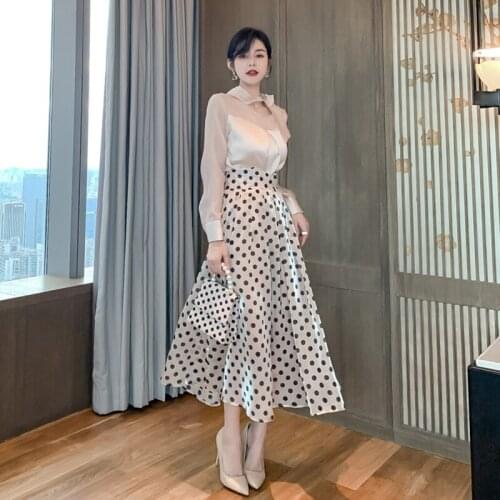New arrival elegant white fresh shirt and long dot a-line skirt high quality work style 2 pieces OL cute holiday women sets