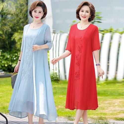 New Womens dress Elegant Plus Size O-Neck Chiffon embroidery Casual Loose Lady Fake two pieces Office Party long Dress