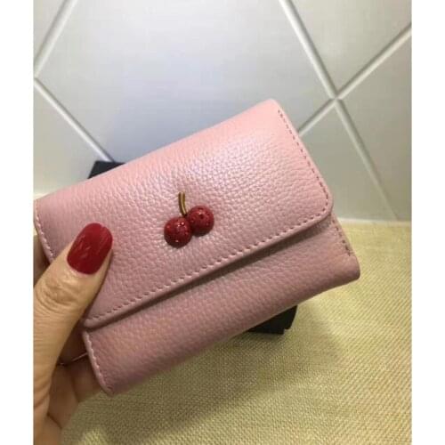 New Genuine Leather Wallet Women Wallets Female Leather Ladies Purse Short Coin Pocket Card Wallet For Woman Cherry Card Holder