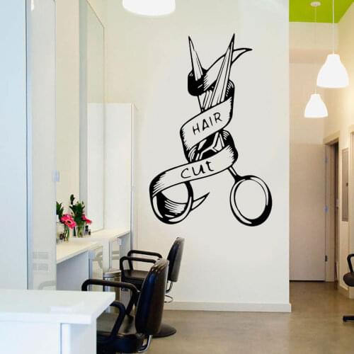 Barber Shop Hair Salon Sign Wall Sticker Vinyl Barbershop Hair Cut Tool Logo Scissors Wall Decals Removable Decor Murals 4513
