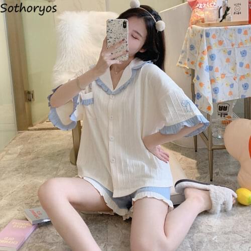 Pajama Sets Women Panelled Design Sweet Ruffles Print Lovely Soft Girlish Shorts Korean Style Sleepwear Pockets Pajamas Fashion