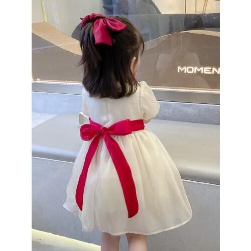 Baby Girls Princess Dresses Summer Short Puff Sleeve Square Collar Bow Sweet Dress Kids Shiny Party Clothing Vestidos