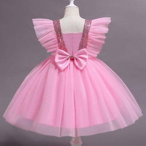 Sequins Pink Elegant Wedding Party Dress for Girl Backless Flower Tutu Birthday Kids Princess Dresses Children Evening Dress
