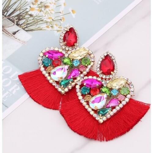 Bohemian Tassel Drop Earrings For Women Statement Earrings Large Rhinestone Heart Wedding Trendy Fringed Girls Party Gifts Heart